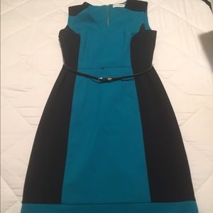 Calvin Klein aqua and black dress w/belt